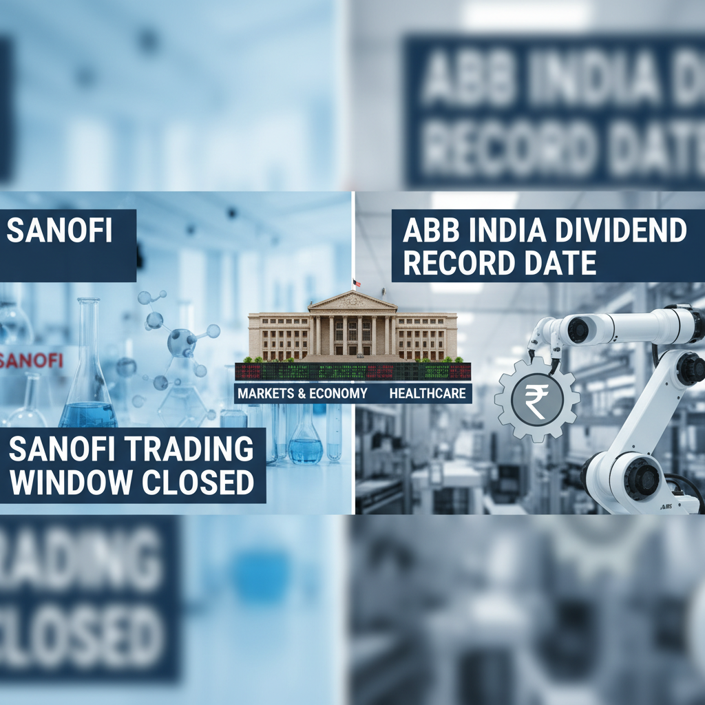 A split image showing Sanofi's lab for healthcare and an ABB robot for markets, representing stock announcements.