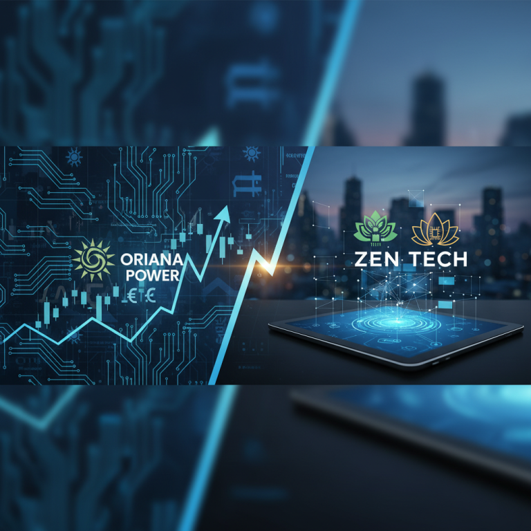 A split image showing "Oriana Power" with a rising stock graph and "Zen Tech" with a futuristic tablet interface.