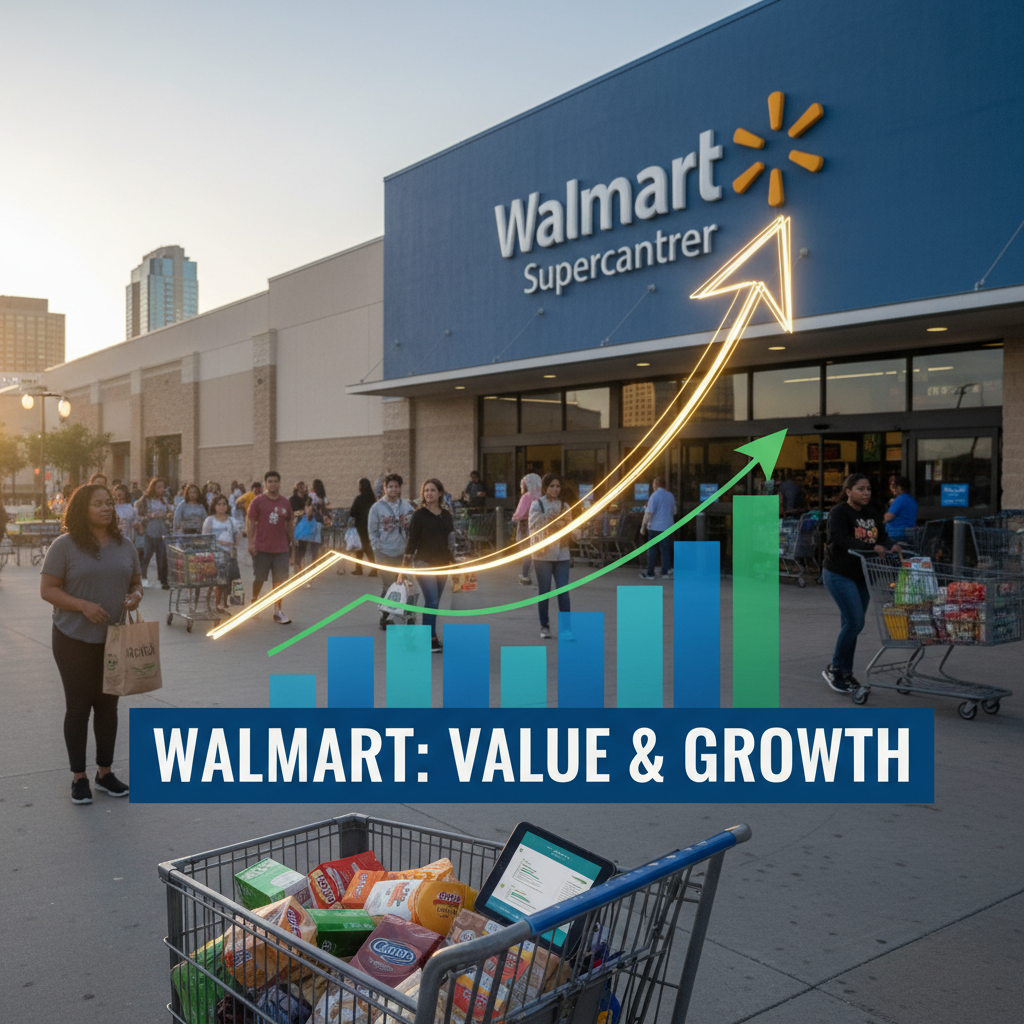 Walmart store exterior with a superimposed glowing upward arrow and bar graph signifying growth, and shoppers.
