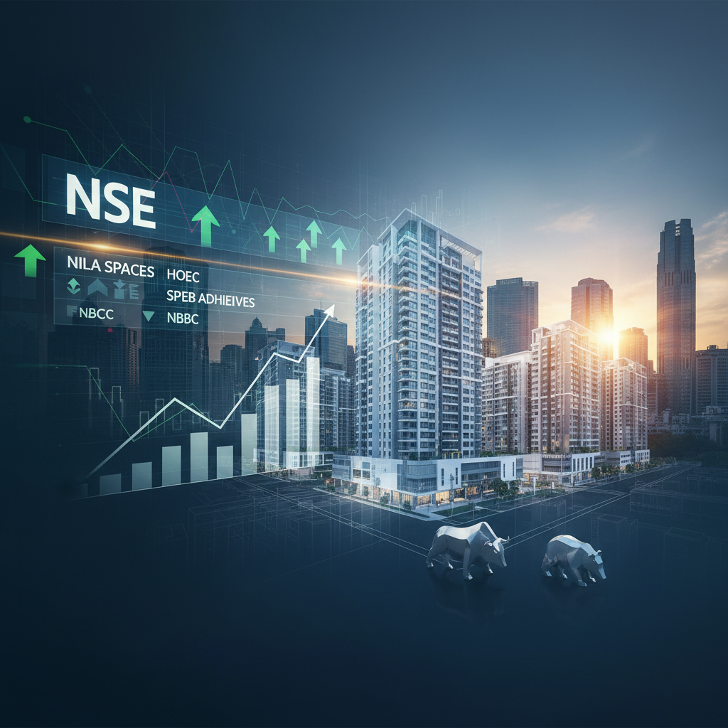 A professional image depicting "NSE" with upward trending stock graphs, modern city skyline, and real estate buildings.
