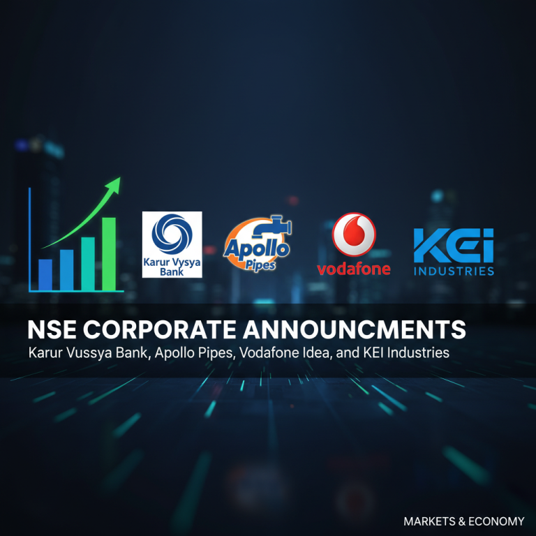 Professional featured image with logos of Karur Vysya Bank, Apollo Pipes, Vodafone Idea, and KEI Industries, with a rising stock graph.