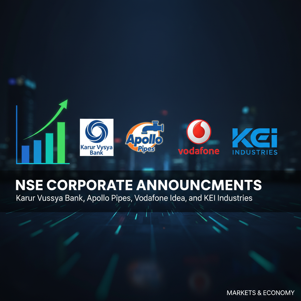 Professional featured image with logos of Karur Vysya Bank, Apollo Pipes, Vodafone Idea, and KEI Industries, with a rising stock graph.
