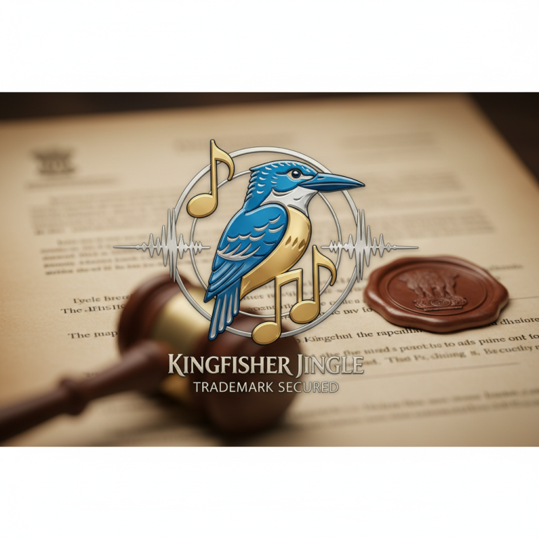 A stylized kingfisher bird with musical notes and sound waves, superimposed on a legal document with a gavel and seal.
