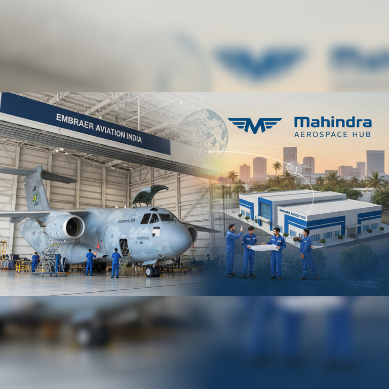 Embraer C-390 Millennium in a hangar with technicians, alongside a rendering of a Mahindra Aerospace facility.