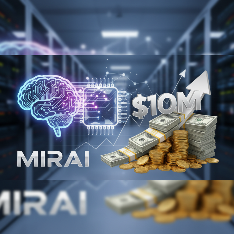 A digital brain and circuit board with a rising arrow and money stacks, representing AI investment.