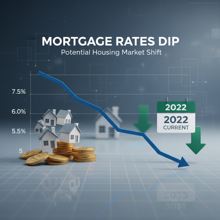 A professional image showing a downward trend in mortgage rates with a house and coins, representing a market shift.
