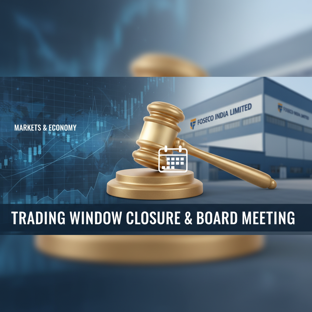 A golden gavel with a calendar icon, set against a backdrop of a factory building and financial charts.