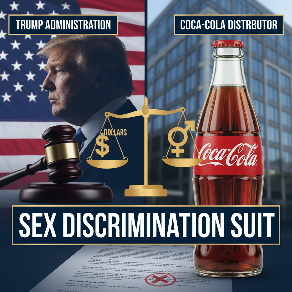 A conceptual image showing former President Trump, a gavel, scales of justice, a Coca-Cola bottle, and a lawsuit document.