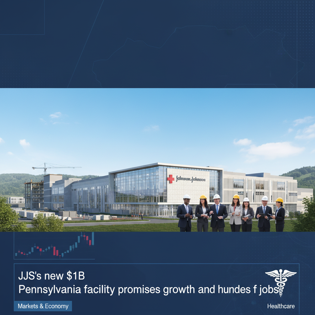 A professional image showing a modern Johnson & Johnson manufacturing facility with a team of diverse professionals in the foreground.