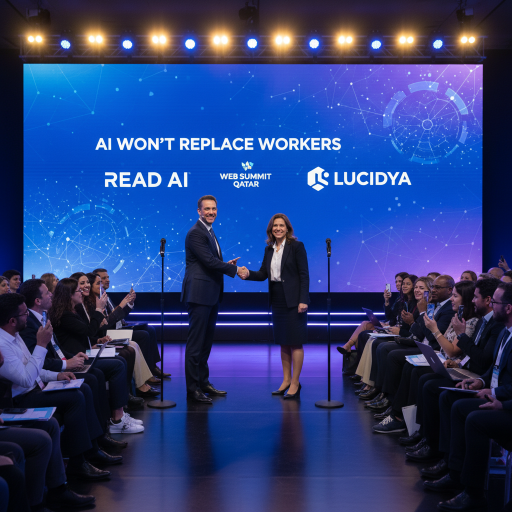 Two CEOs shaking hands on stage at Web Summit Qatar, with a screen displaying "AI Won't Replace Workers".