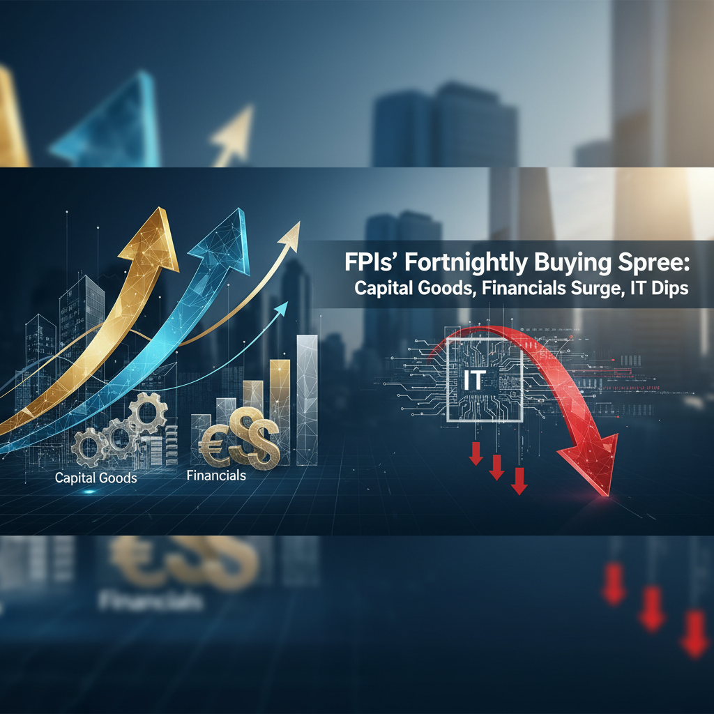 An image showing an upward trend for capital goods and financials, and a downward trend for IT stocks, representing the FPIs' buying spree.