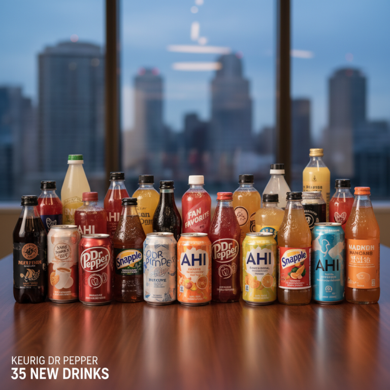 A professional shot of Keurig Dr Pepper's 35 new drinks on a table, with a city skyline in the background.
