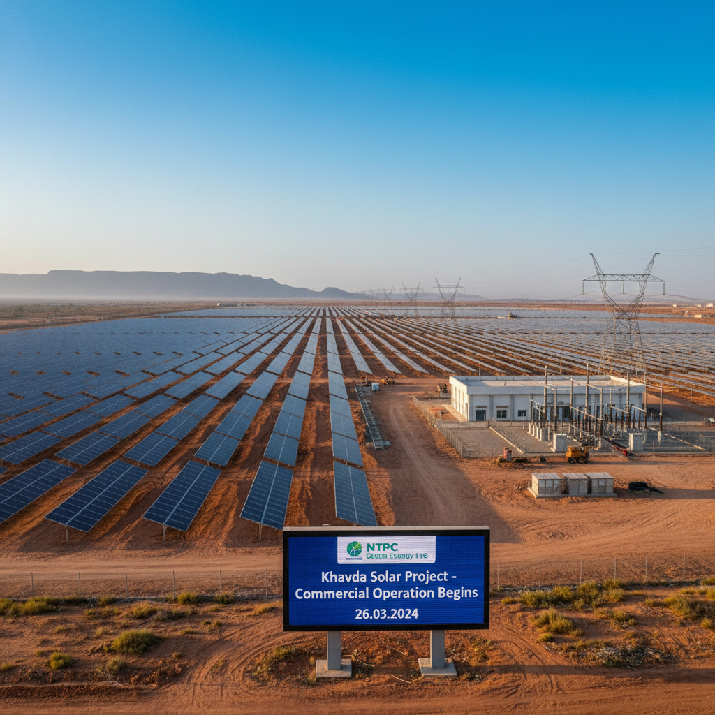 A vast solar farm in Khavda under a clear sky, with a digital sign announcing the project's commercial operation.