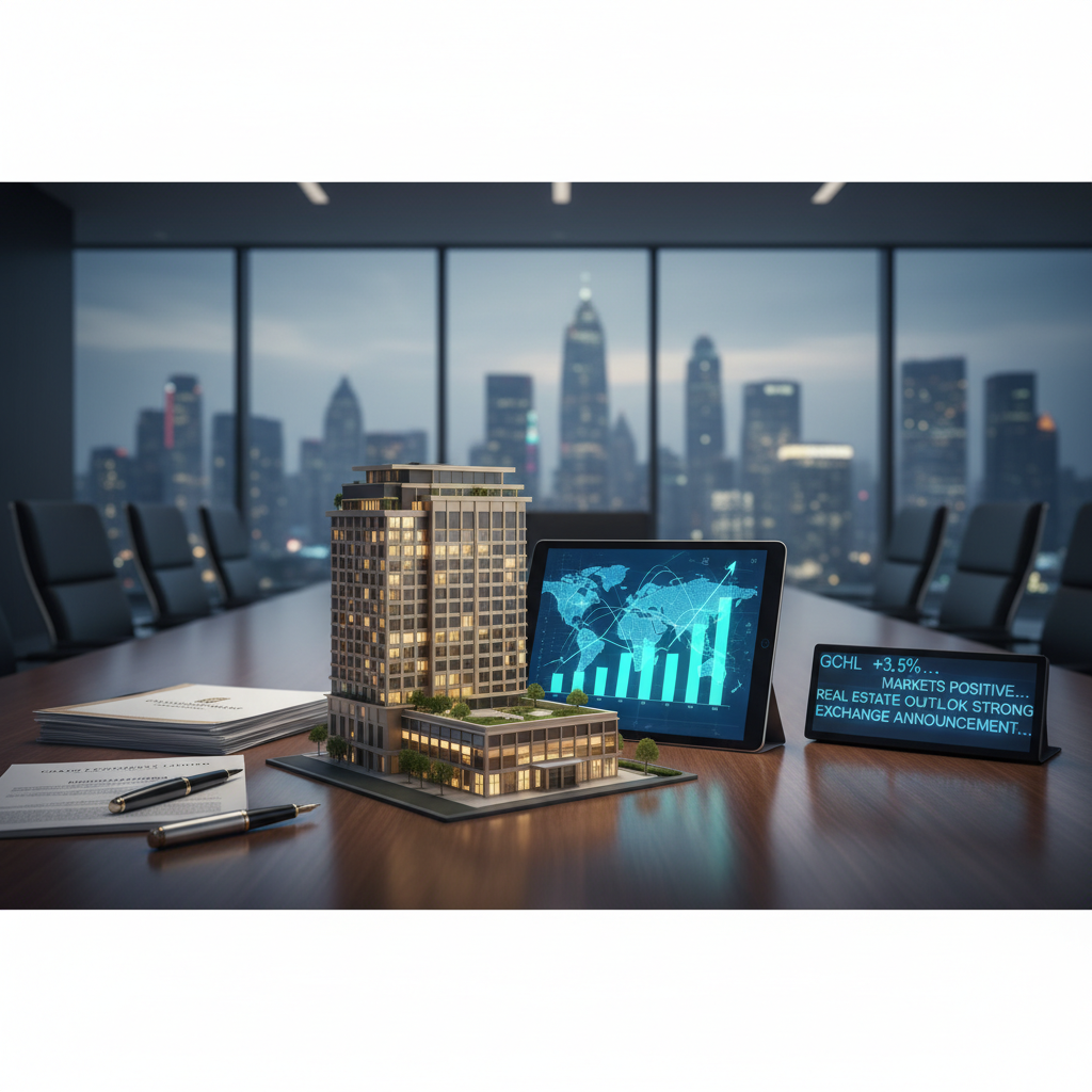A professional image featuring a building model, financial tablet, and news ticker in a modern boardroom.