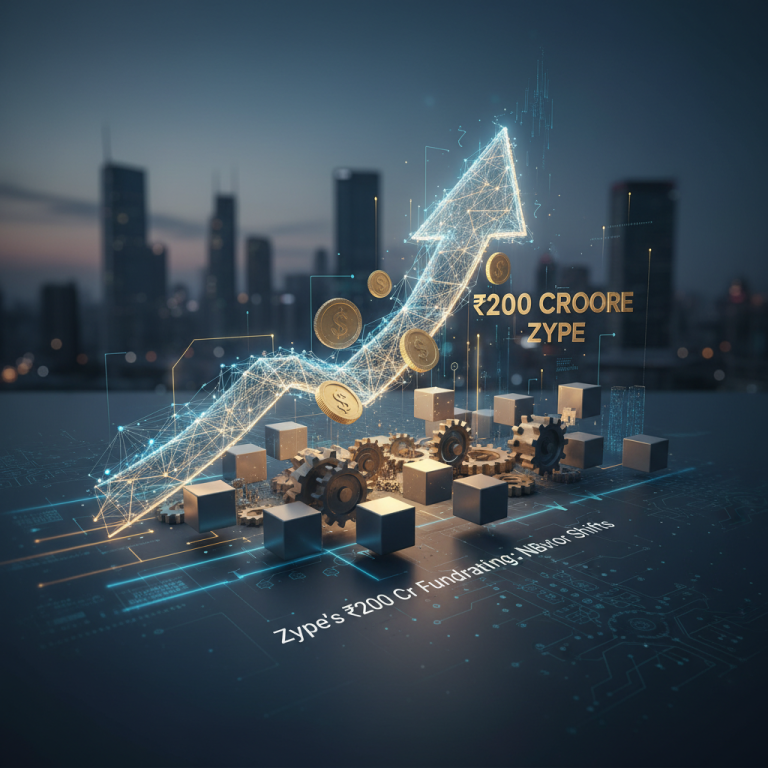 A stylized upward-trending arrow with coins and gears, representing growth and finance, against a blurred city skyline.