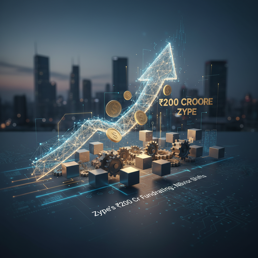 A stylized upward-trending arrow with coins and gears, representing growth and finance, against a blurred city skyline.