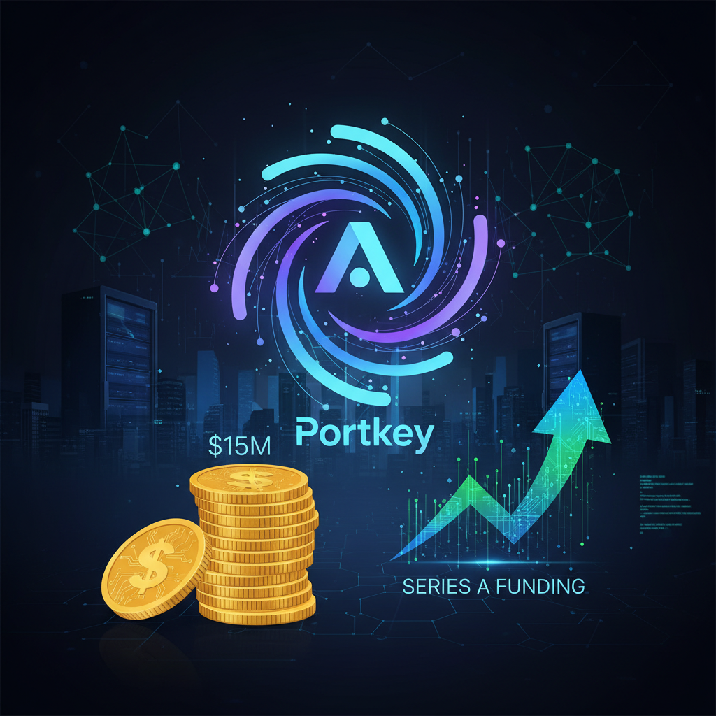 A professional, digital image symbolizing Portkey's $15M Series A funding for AI infrastructure, with a growth arrow and coins.
