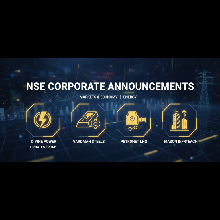 A professional 16:9 banner for a news article about NSE corporate announcements from Divine Power, Vardhman Steels, Petronet LNG, and Mason Infratech.