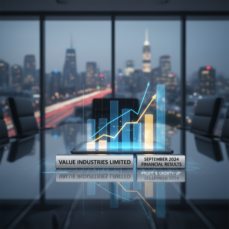 A modern office conference room overlooking a city skyline at dusk, with a holographic financial graph.
