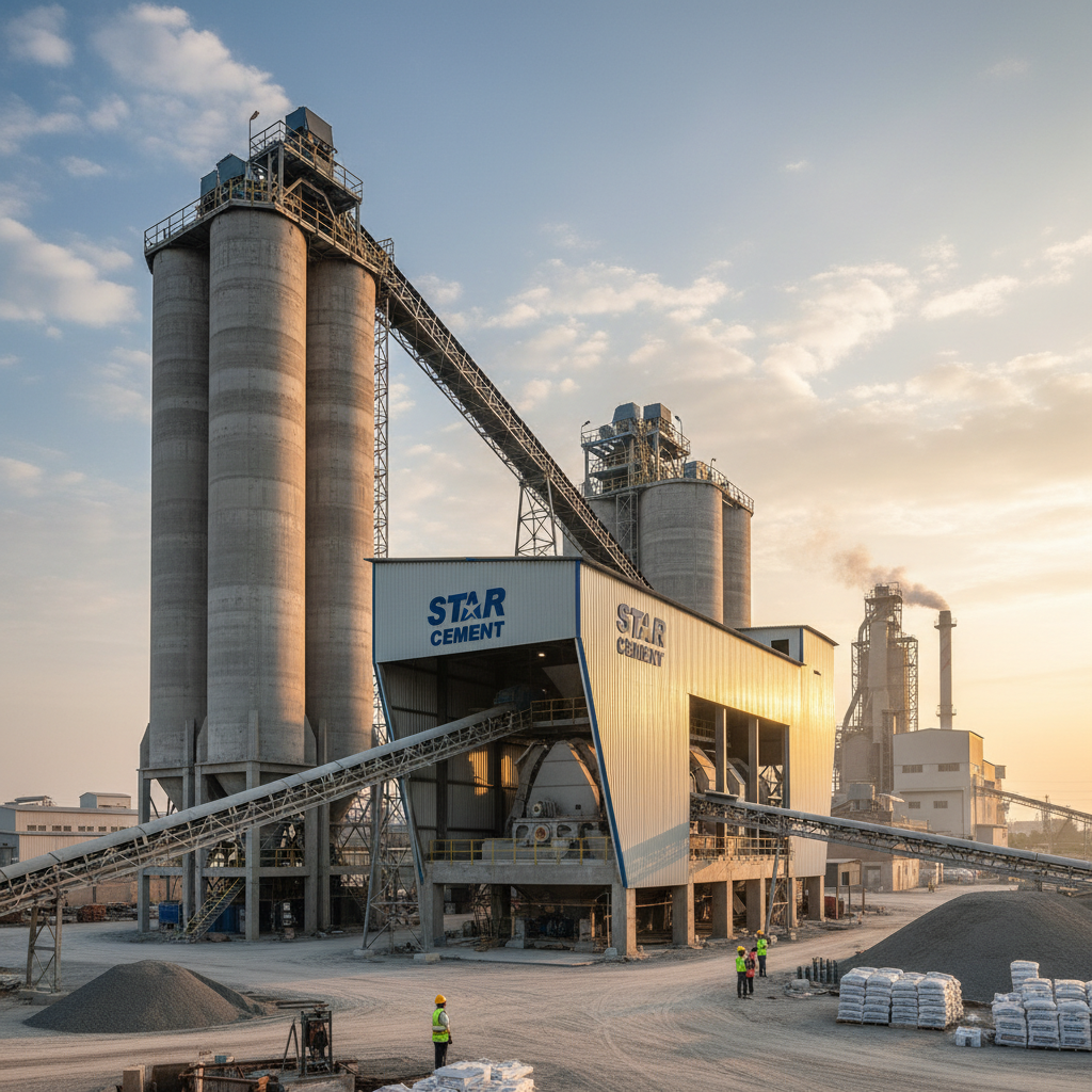 An expansive industrial cement plant with large silos and conveyor belts under a sunset sky.