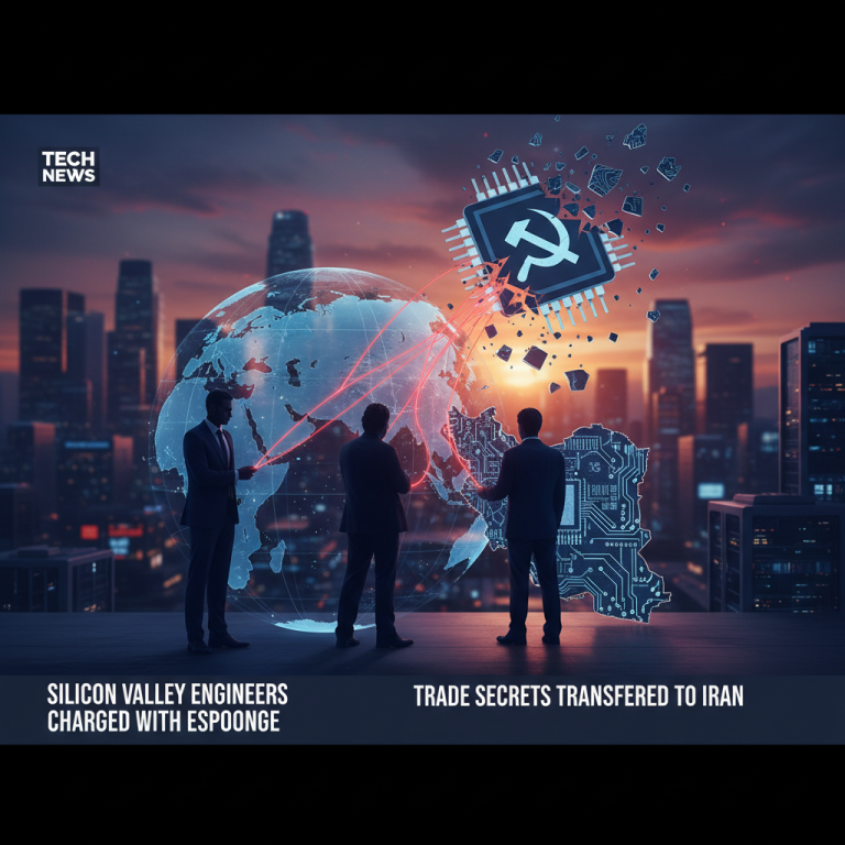 Three silhouettes overlook a city skyline with a globe connecting to an Iran-shaped circuit board and a broken chip.