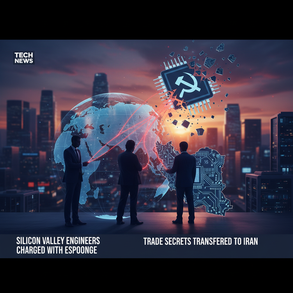 Three silhouettes overlook a city skyline with a globe connecting to an Iran-shaped circuit board and a broken chip.