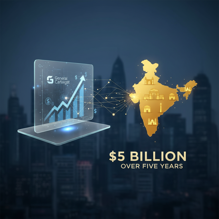 A professional graphic depicting General Catalyst's investment in India, with growth charts and a map of India.