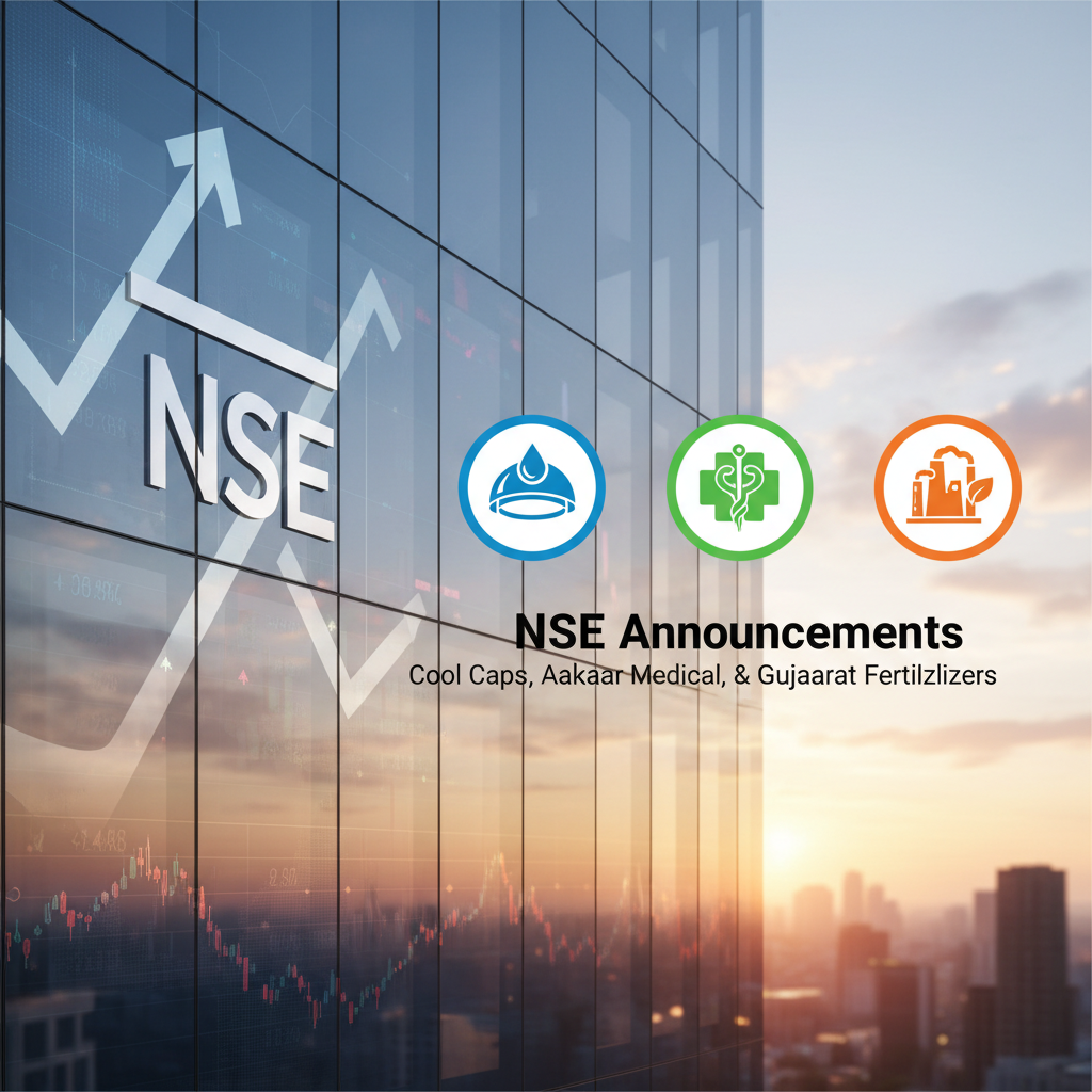 A modern office building with the NSE logo and stock market charts reflected, alongside three circular icons representing industry.