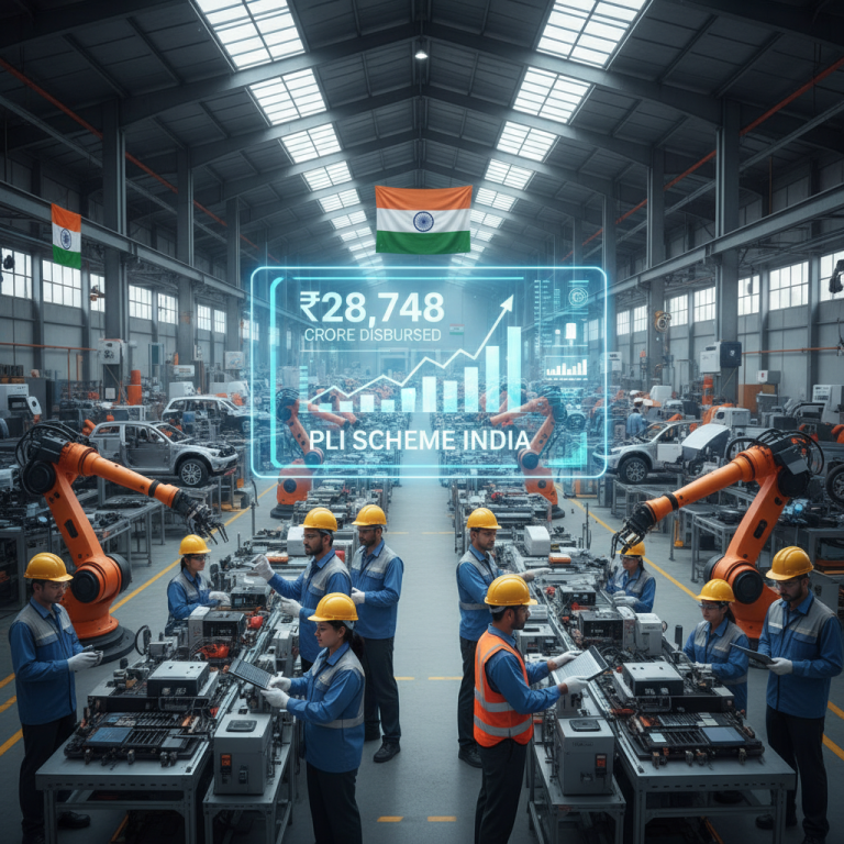 A modern factory floor with workers, robotic arms, and a holographic display showing growth statistics and the Indian flag.