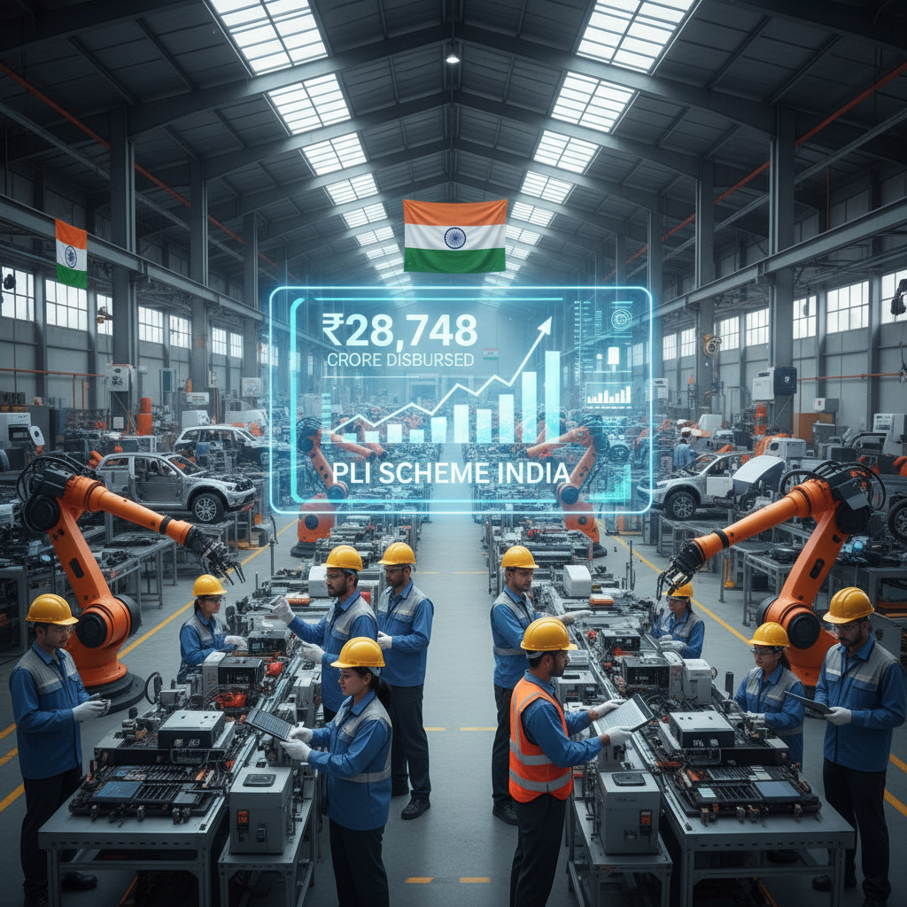 A modern factory floor with workers, robotic arms, and a holographic display showing growth statistics and the Indian flag.