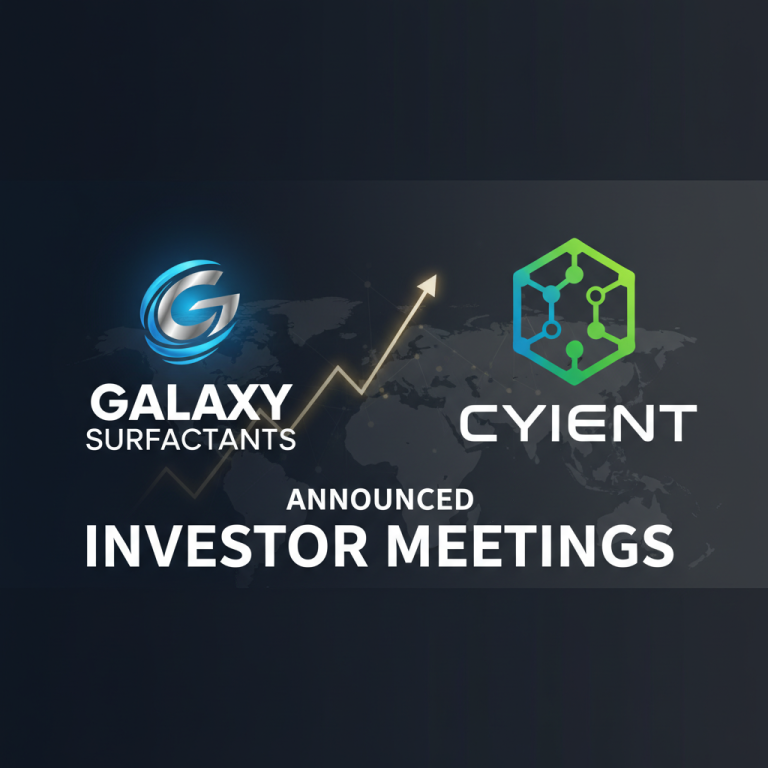 A professional image representing investor meetings between Galaxy Surfactants and Cyient, with a global map and upward trend line.