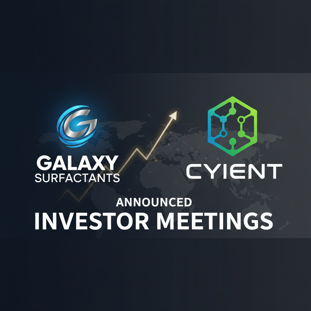 A professional image representing investor meetings between Galaxy Surfactants and Cyient, with a global map and upward trend line.