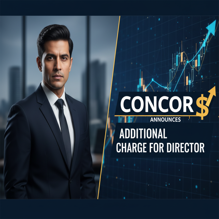 A professional man in a suit looks confidently, with a graphic displaying CONCOR, a dollar sign, and upward-trending charts.
