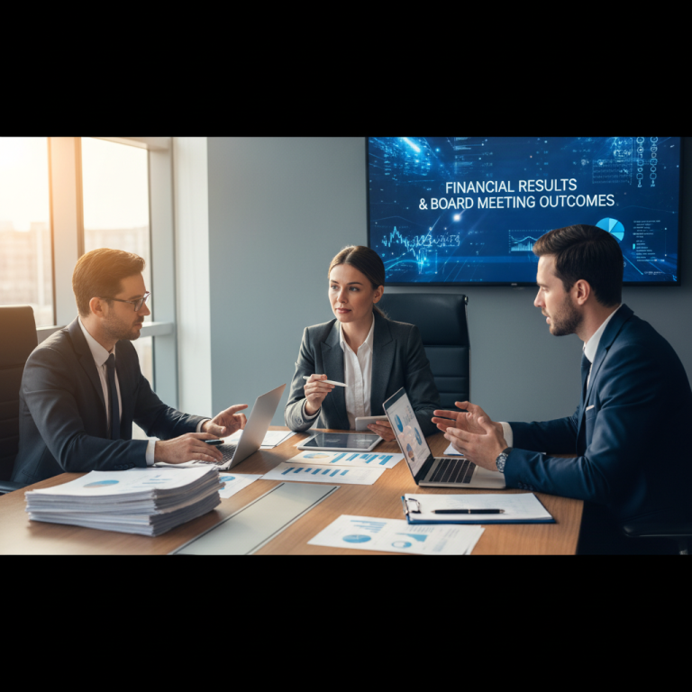 Three professionals in business attire discuss financial data and meeting outcomes, with charts displayed on a screen.