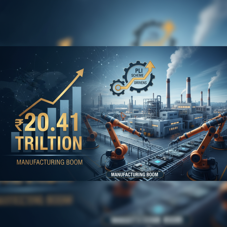 A professional image showing a factory, robotic arms, a growth chart, and text about the PLI scheme and sales.