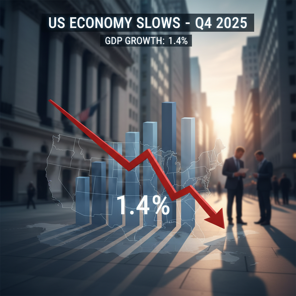 A professional visual representing a slowing US economy with a red arrow pointing downwards on a bar chart overlaying a map of the US, with "1.4%" prominently displayed.
