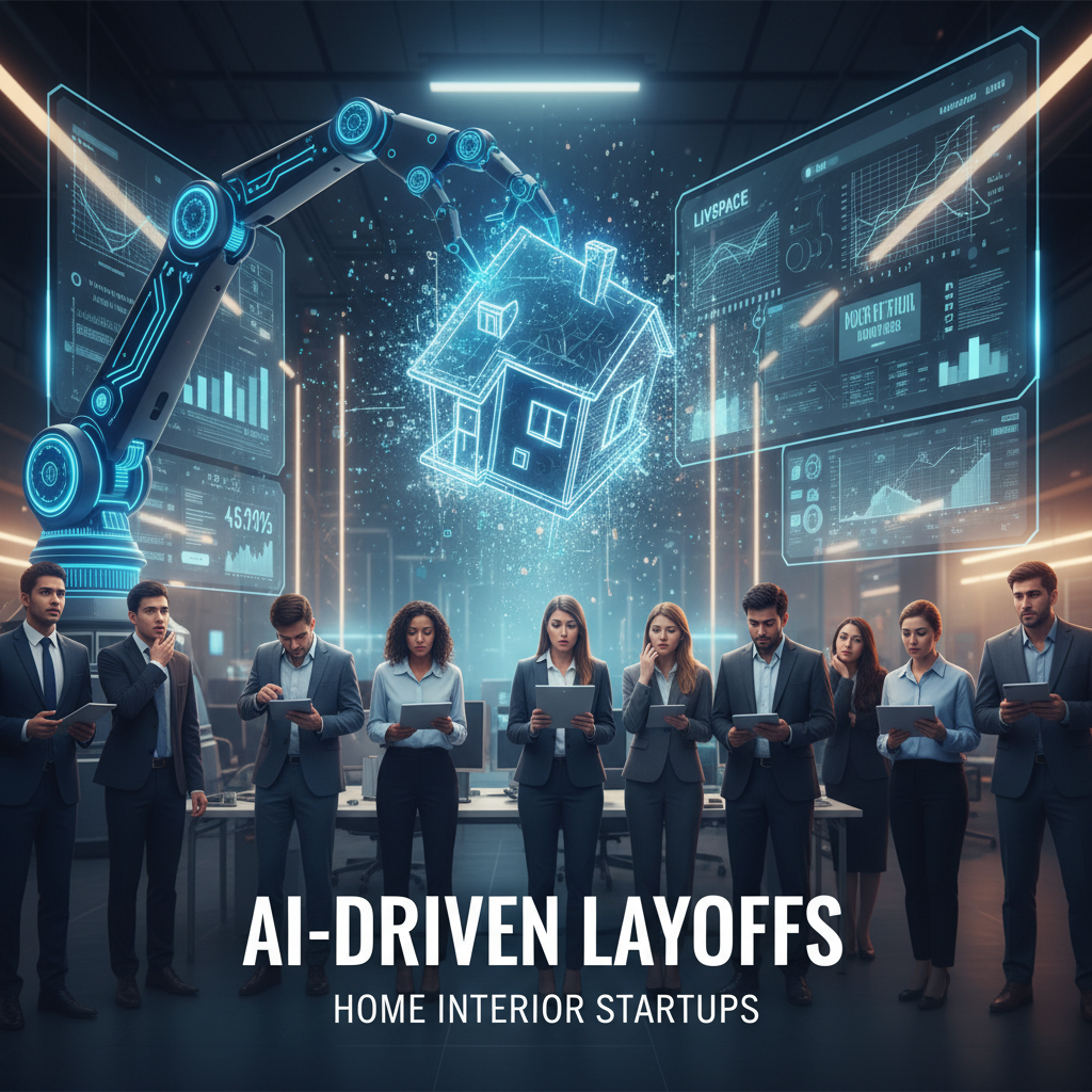 Professionals stand in a tech-infused office as an AI arm manipulates a digital house, representing industry change.