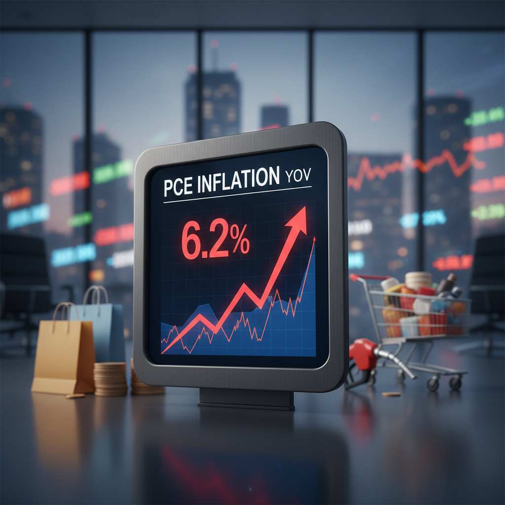 A digital display showing "PCE INFLATION YOY 6.2%" with an upward trend, next to a shopping cart.