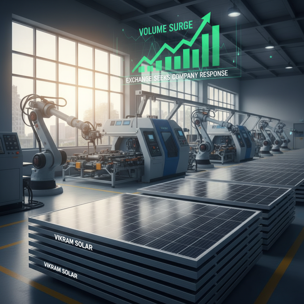Solar panels in a factory with a glowing green "Volume Surge" graph overhead, indicating market growth.