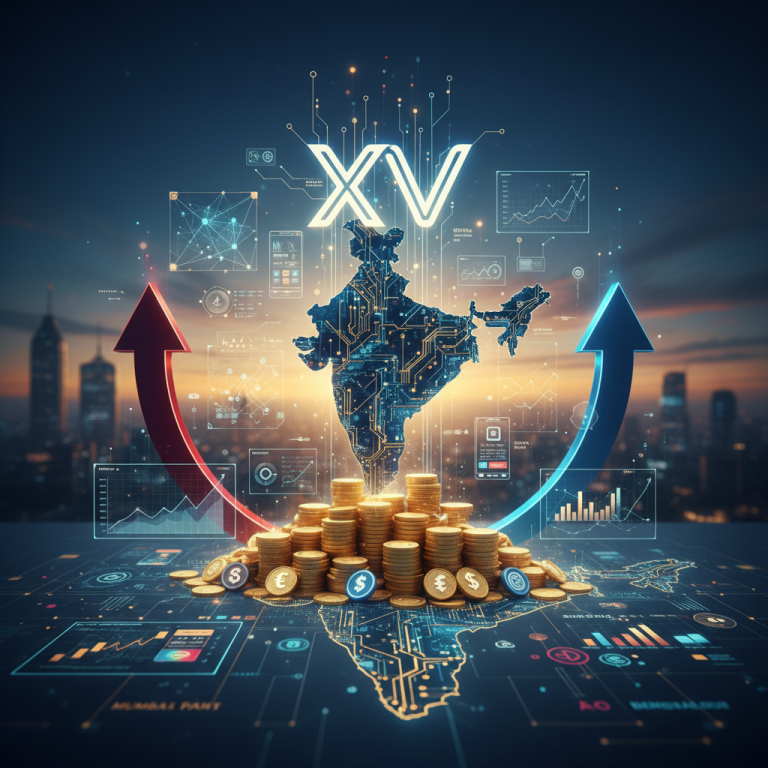 A professional, futuristic image depicting India's map as a circuit board, with growing financial graphs, a stack of coins, and the "XV" logo.