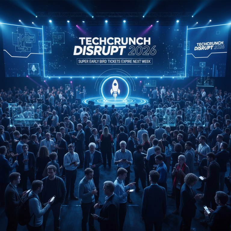 A wide shot of a bustling technology conference with a main stage displaying "TechCrunch Disrupt 2026".