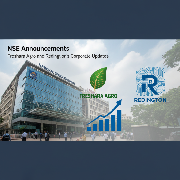 A professional image depicting the National Stock Exchange building with logos of Freshara Agro and Redington, and an upward trending graph.