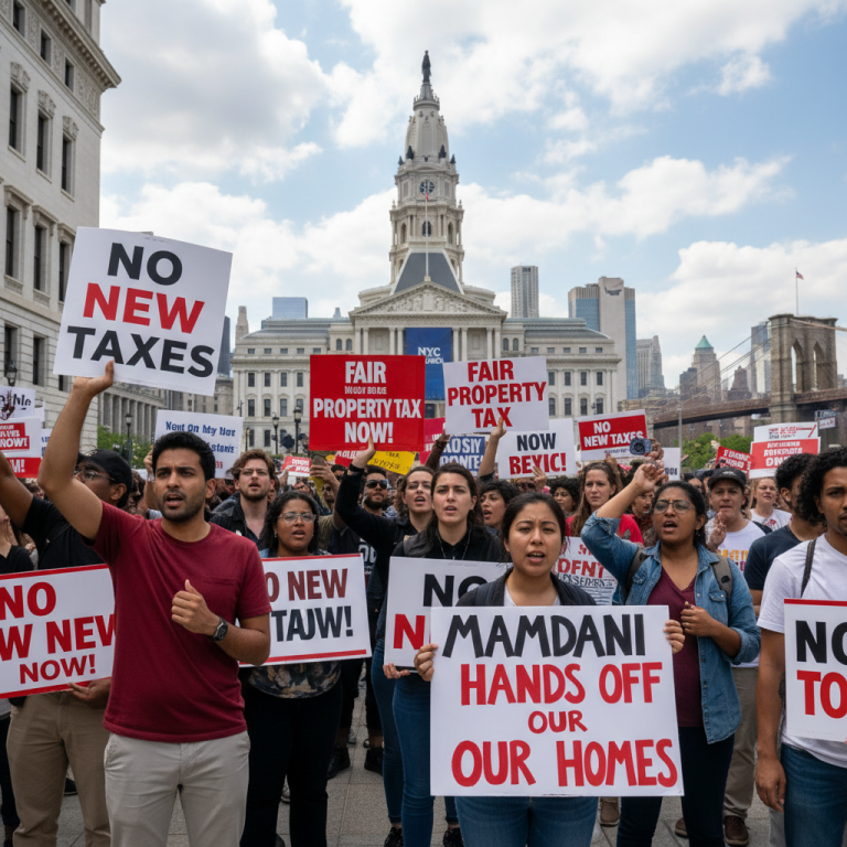 A crowd of diverse NYC residents protesting a property tax hike, holding signs in front of a government building.