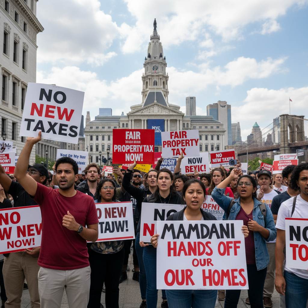 A crowd of diverse NYC residents protesting a property tax hike, holding signs in front of a government building.