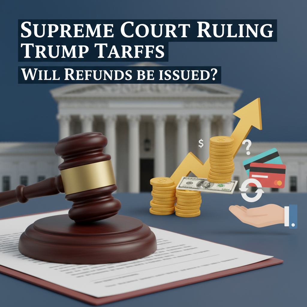A gavel, document, money, and credit cards in front of the Supreme Court, illustrating tariffs, refunds, and economic impact.
