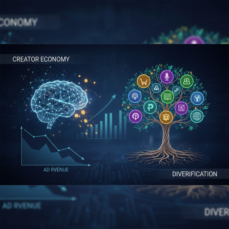 A visual metaphor showing a decline in "AD REVENUE" and the growth of "DIVERSIFICATION" represented by a tree with various icons.