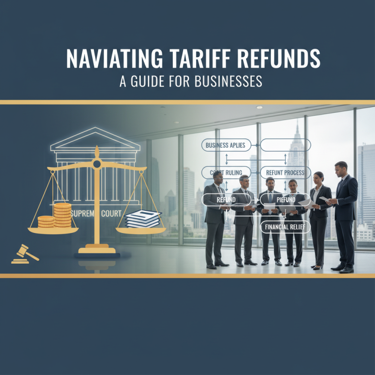 A professional image showing a business team, legal scales, and a flowchart representing tariff refund processes.
