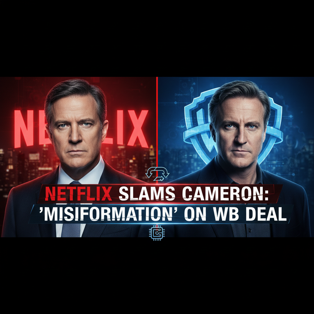 Split image of a Netflix executive and James Cameron, with company logos, symbolizing conflict over a deal.
