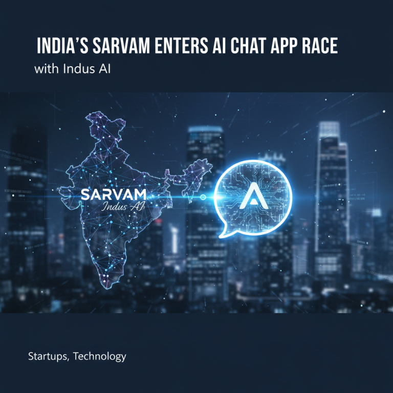 A professional tech-themed image showing a stylized map of India connected to an AI chat bubble, with a city skyline in the background.