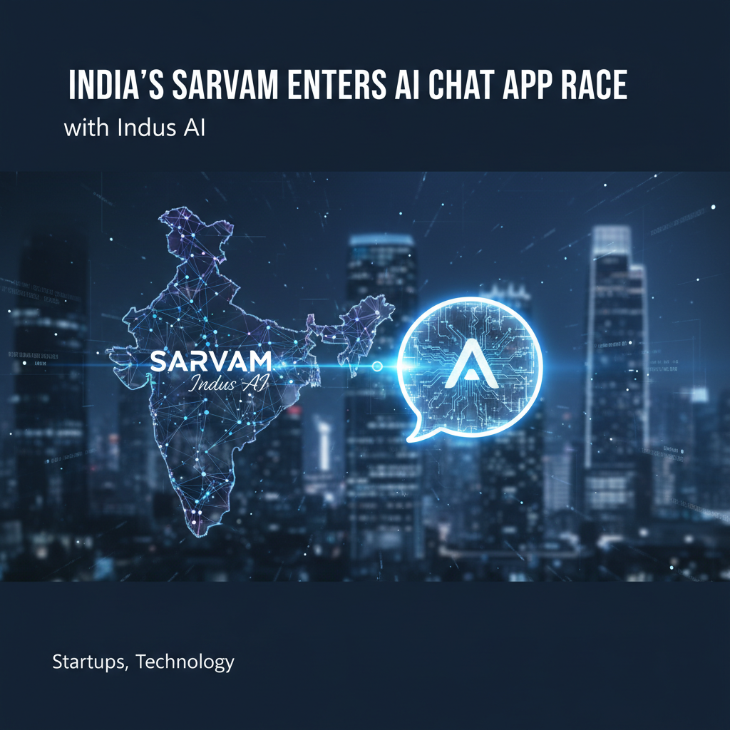 A professional tech-themed image showing a stylized map of India connected to an AI chat bubble, with a city skyline in the background.